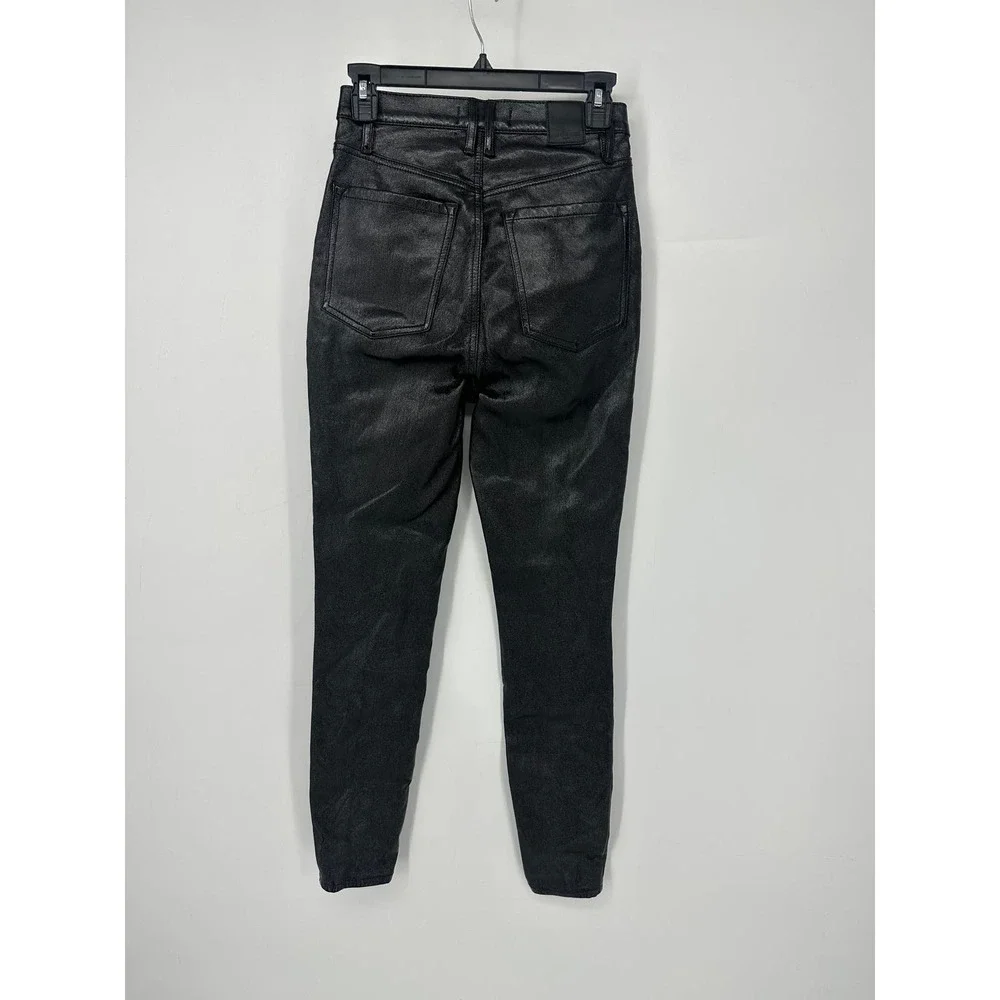 Free People Phoenix coated pants 26 black shiny high rise button fly mob wife - Picture 3 of 12